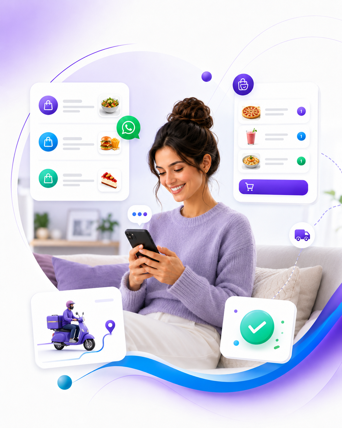 Arte do Pedido Fácil mostrando que tudo acontece dentro do WhatsApp